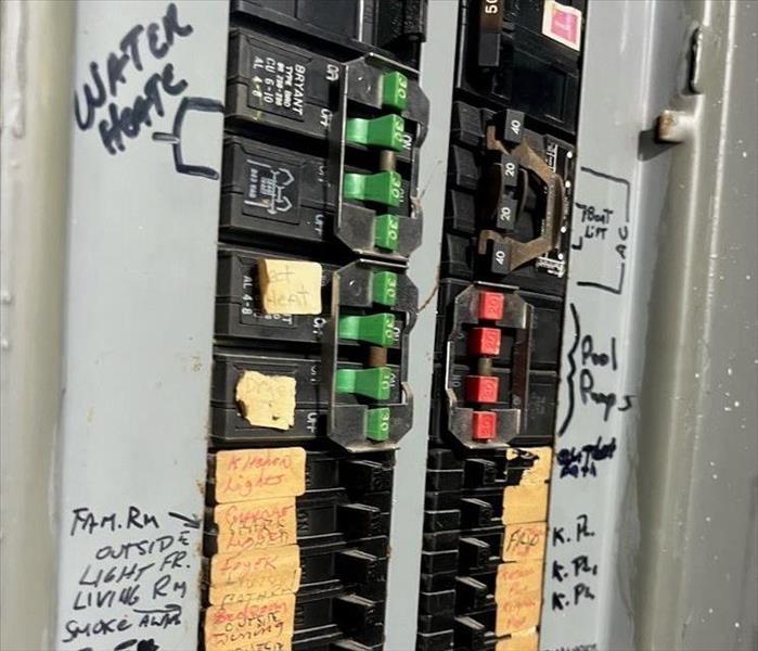 A poorly organized electrical panel is shown.